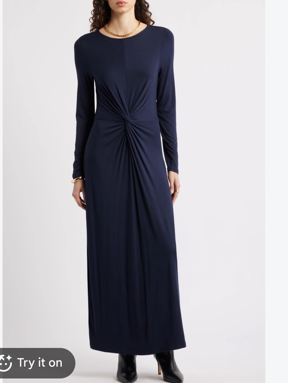 Nordstrom Navy Twist Front Long Sleeve Jersey Maxi Dress S